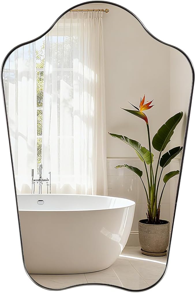 ANDY STAR Brushed Nickel Bathroom Mirror, 24x36 Scalloped Wall Mirror for Vanity, Asymmetrical Shaped Mirror for Entryway, Bedroom, Anti-Rust Stainless Steel Frame