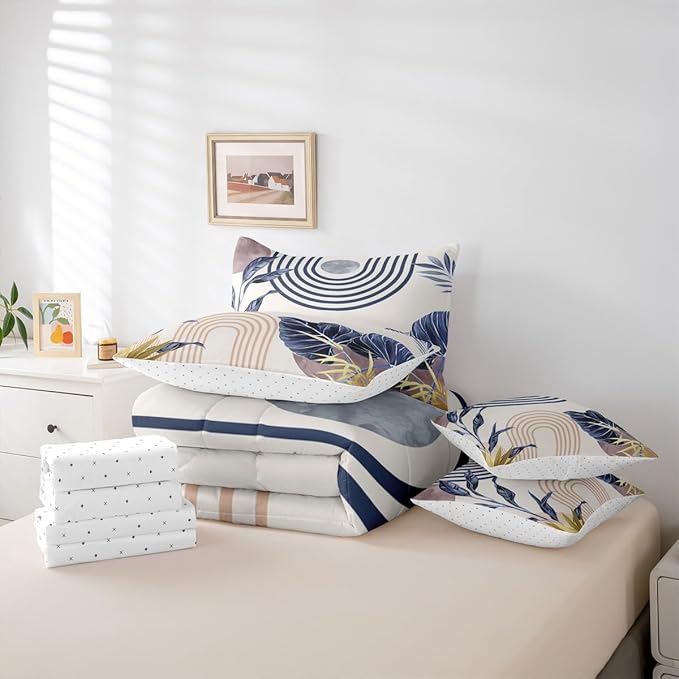 Erosebridal Retro Mid Century Full Comforter Set with Sheets 7 Piece Pink Blue Palm Leaf Bed in A Bag Vintage Bohemian Plant Leaves Bedding Sets for Women Adults Modern Stripes Aesthetic Bed Set