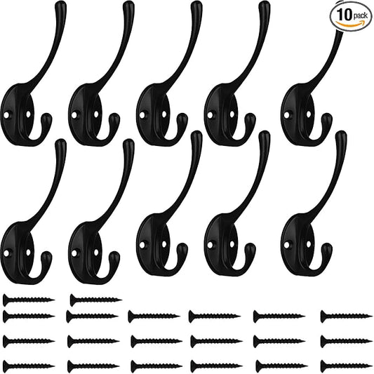 Kruodop 10Pcs Coat Hooks Wall Hooks for Hanging Heavy Duty, Wall Mounted Black Towel Hooks, Metal Single Coat Hanger with Screws Cup Retro for Coats, Handbags, Towels