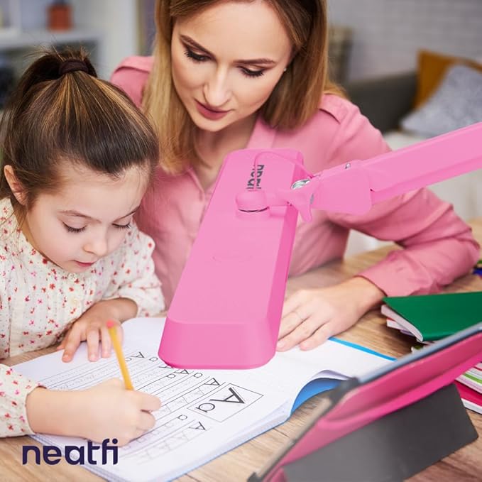 Neatfi Task Lamp – 2,500 Lumens, 30W, 22-Inch Wide Shade, 4 Brightness Levels, Eye-Caring Light, Clamp Mount, LED Task Light for Manicure Table, Crafts, Workbench, Office (Non-CCT, Pink)