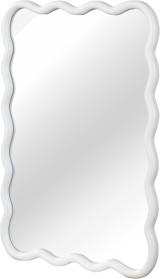 30x20 Inch Wooden Wavy Rectangle Wall Mirror, Modern Solid Wood Frame Decorative Accent Mirror for Bedroom, Bathroom, Living Room, Entryway, White