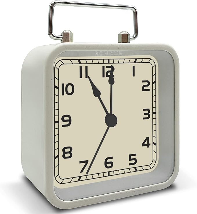 Rohome Small Alarm Clock, Retro Silent Quartz Movement with Night Light, Decorative Vintage Non Ticking Clock for Living Room, Office, Desk, Bedroom, Bedside, Hotel, Shelf, Nightstand (White)