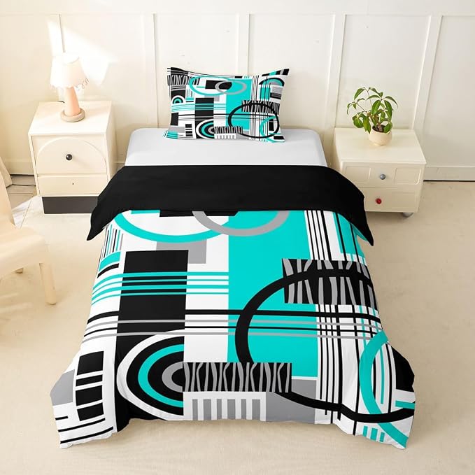 Erosebridal Art Deco Mid Century Duvet Cover Set Retro Modern Abstract Geometric Twin Bedding Sets for Girls Teen Boys Black and White Teal Circles Stripes Comforter Cover Contemporary Bed Set