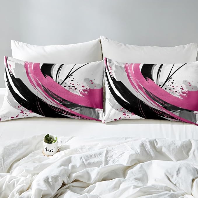 Erosebridal Black and Purple Pink Duvet Cover Full - Modern Geometric Decorative Bedding Sets Striped Bed Set for Boys Girls Minimalists Watercolor Graffiti Lines Bed Cover