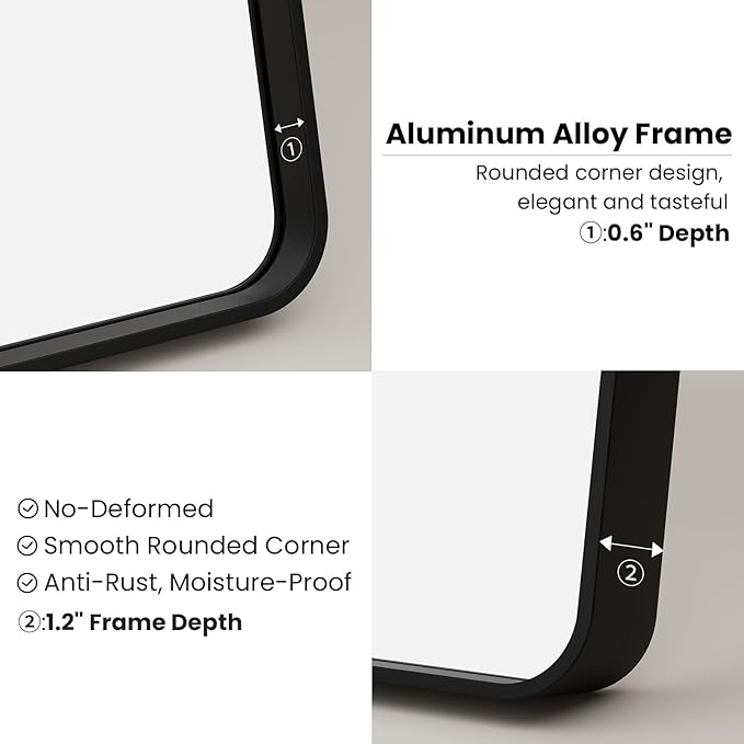 Black Bathroom Mirror, Black Metal Framed Mirror for Wall, Rounded Rectangle Matte Bathroom Vanity Mirror with Tempered Glass, Anti-Rust, Horizontal/Vertical