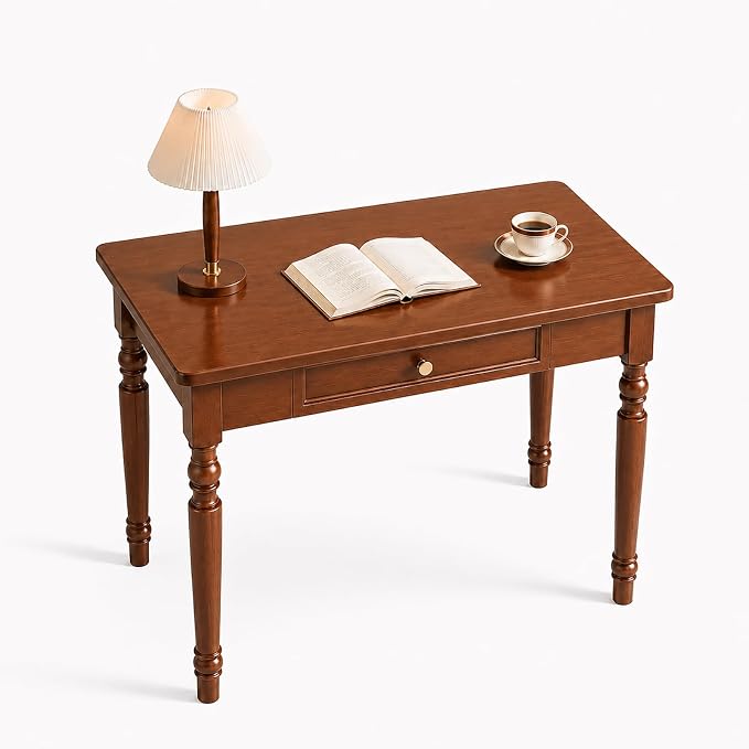 Walnut Writing Desks with Drawers, 47" Solid Wood French Country Style Computer Desk for Home Office, Living Room Study Workspace or Bedroom, Traditional Vanity Dressing Table
