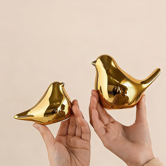 statueBird Statues, Modern Home Decor, Suitable for desks, Bookshelves, bedrooms, Living Rooms, cabinets, and Fireplace Mantel Decorations. Ceramic Animal Statues. (Gold)