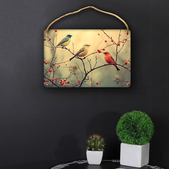 Artistic Retro Bird Wooden Sign, Floral Vintage Art for Home Aesthetics Lovers, 12x8 Inches Wood Decors, Ideal for Boho-Inspired Homes & Garden Spaces