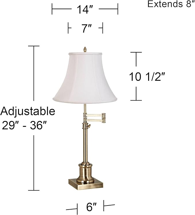 360 Lighting Westbury Traditional Swing Arm Desk Table Lamp Adjustable Height 36" Tall Antique Brass Imperial White Fabric Bell Shade for Living Room Bedroom House Bedside Nightstand Home