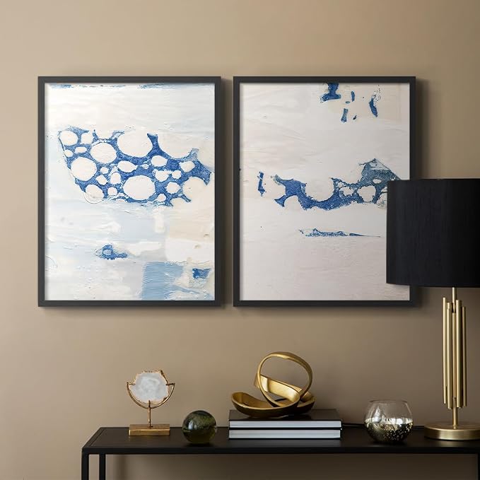 Renditions Gallery Set of 2 Peel & Stick Framed Prints, Textured Abstract Wall Art, White Blue Bubble Like Pattern Wall Decor, Re-Stickable - Ready to Hang - 8"x10" - Black Frame LT588