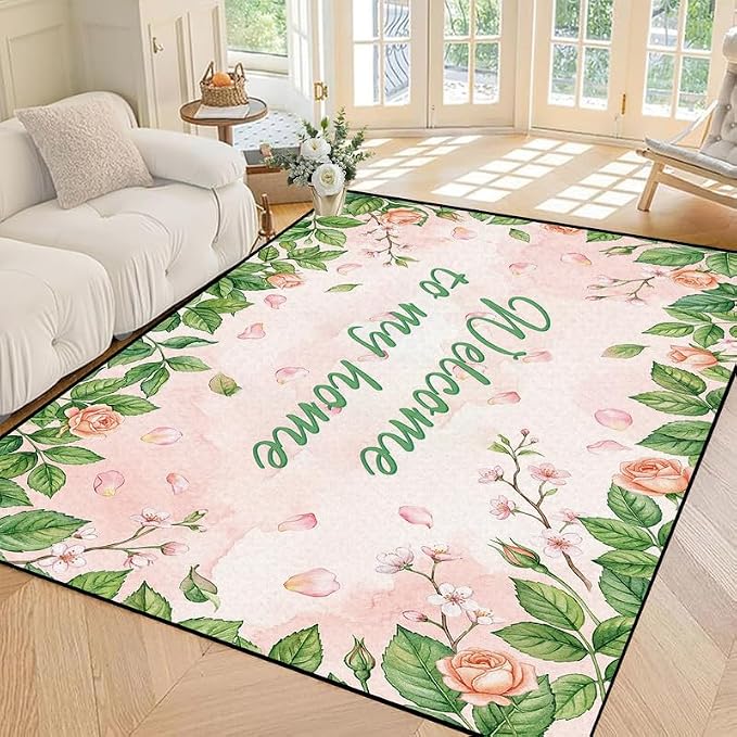 Welcome Rug Floral Area Rug for Bedroom Living Room Nursery Playroom Classroom Home Decor Pink Rose Green Leaf Carpet Non-Slip Washable Floor Mat,5'x7'