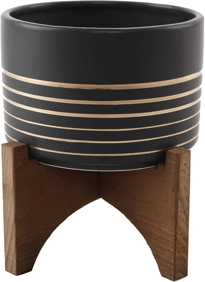 Flora Bunda Mid Century 4.75 inch Ceramic Planter on Wood Stand Great for Succulent Desktop Black/Gold Line