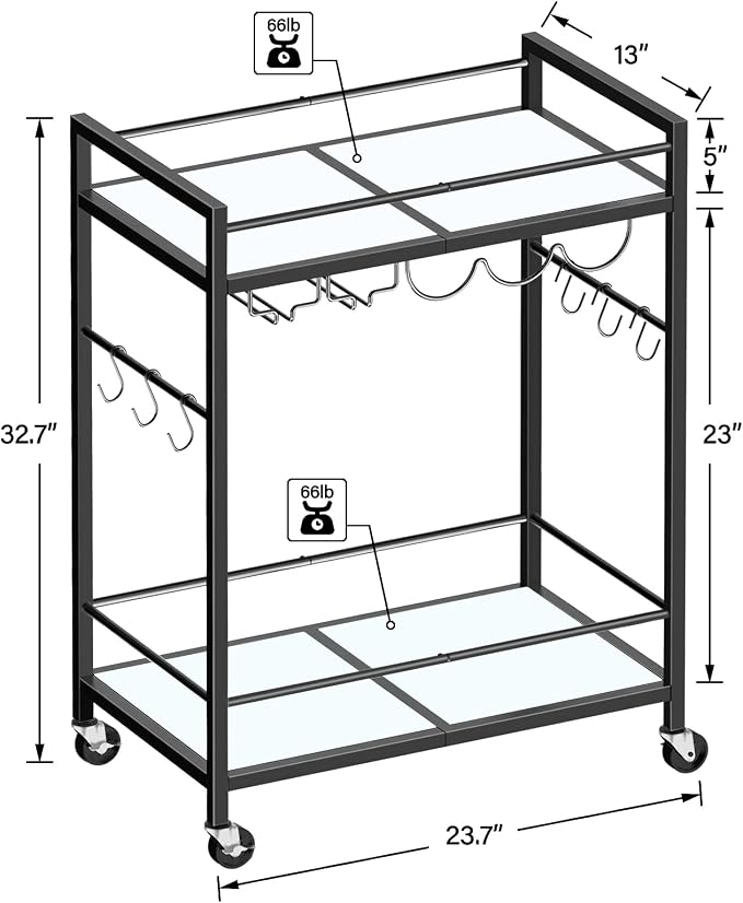 TUTOTAK Bar Cart, Serving Cart - for Home, Microwave Cart, Drink Cart, Mobile Kitchen Shelf with Wine Rack and Glass Holder, Rolling Beverage Cart, Black BC01BK031