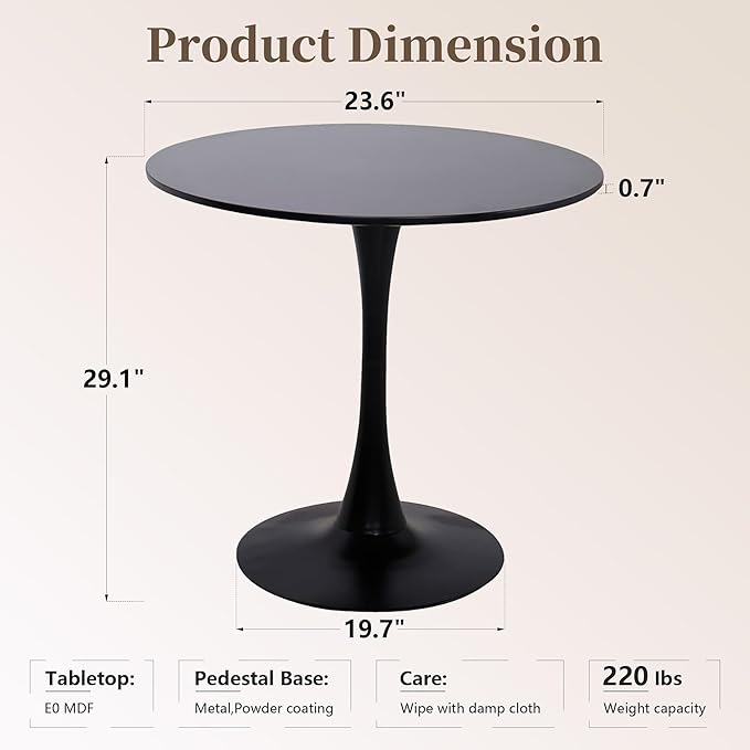 24 Inch Round Dining Table,Mid-Century Tulip Table with Metal Pedestal Base,Modern Leisure Table for Small Space Kitchen Dining Room,Easy Assembly,Black