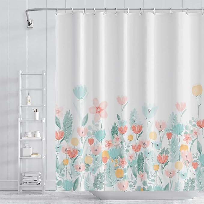 Nature Flower Shower Curtain for Bathroom Blue and Pink Floral Wild Grass Botanical Shower Curtain Modern Aesthetics Washable Polyester Durable Fabric Shower Curtain with Hooks, 65x72 Inch