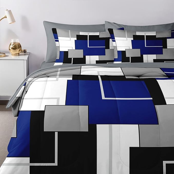 Nesker Comforter Set Queen Size, Blue Black Geometric 7 Pcs Bedding for Kids and Adults, Abstract Modern Grey Bed Sheet Sets with Fitted Sheet 2 Pillowcases & 2 Shams