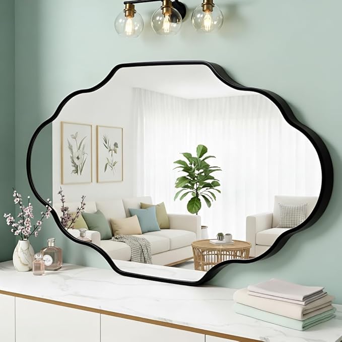 Black Scalloped Bathroom Mirror, Irregular Wall Mirror with Brushed Metal Frame, HD Glass Decorative Mirror for Wall Decor, Vanity Mirror for Bathroom, Bedroom & Entryway (24" x 36", 1 Pack)