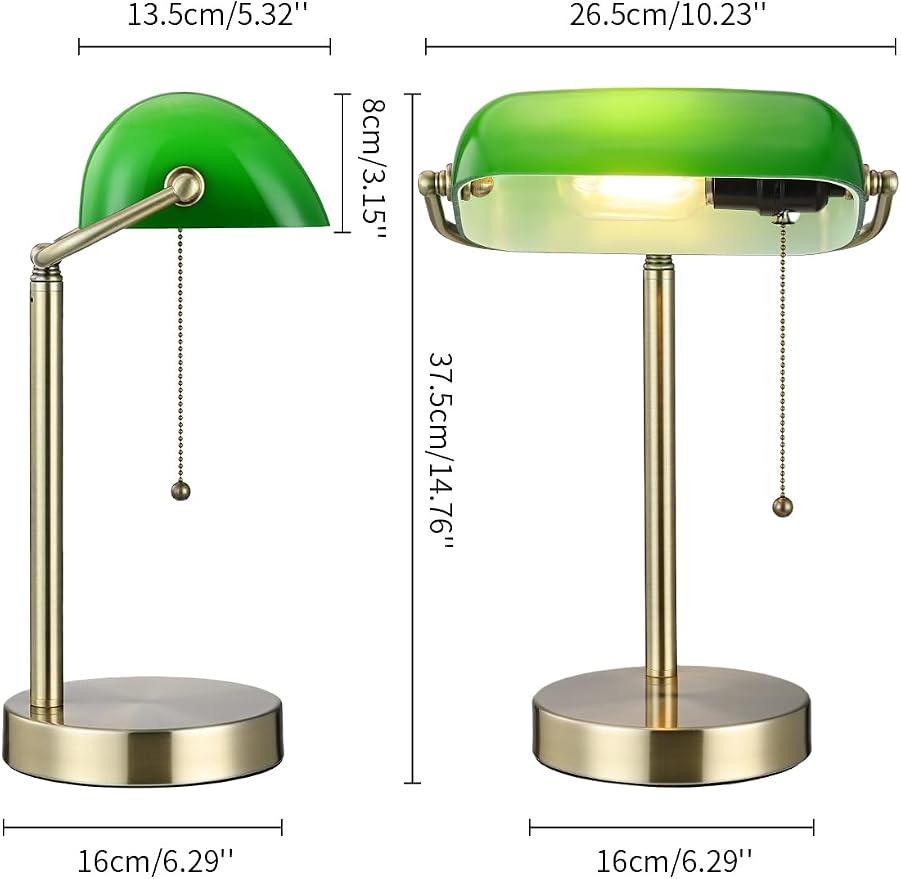 Traditional Green Glass Bankers Desk Lamp with Pull Chain Switch Plug in Fixture,LED Bulb Included