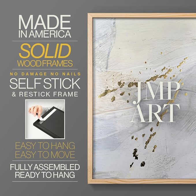 Renditions Gallery Set of 2 Peel & Stick Framed Prints, Modern Abstract Wall Art, Gold Sprinkle Oil Painting Wall Decor, Re-Stickable - Ready to Hang - 16"x20" - NATURAL WOOD Frame LT588