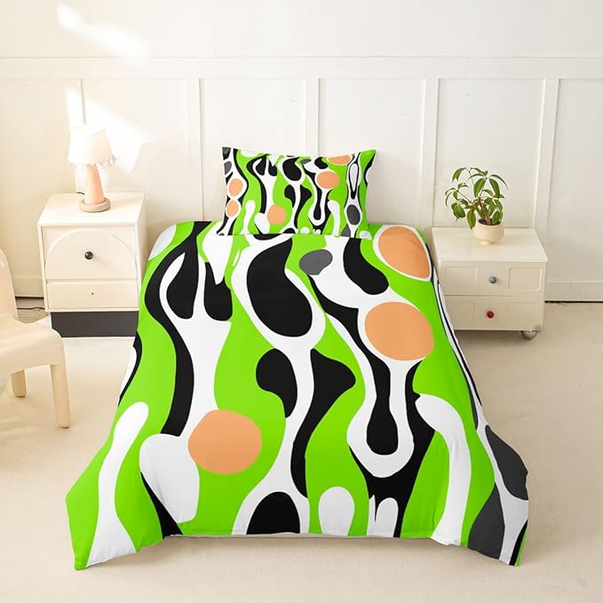 Organic Geometric Duvet Cover Set Modern Abstract Twin Bedding Sets for Girls Kids Teens Child Retro Mid Century Comforter Cover Modern Fluid Art Irregular Circles Bed Set,Lime Green Peach