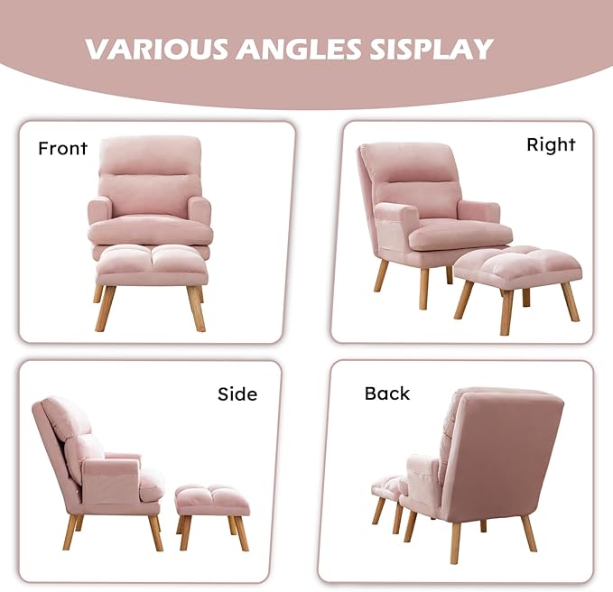 Accent Chair with Ottoman Comfy Reading Chair Armchair with Adjustable Backrest and Side Pockets Soft Fabric Leisure Sofa for Bedroom, Living Room, Dorm Rooms, Garden, Pink