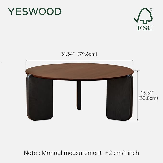 YESWOOD Round Coffee Table, Solid Walnut Wood Top Coffee Table with Oak Legs, Mid Century Morden Living Rooom Table, Small Coffee Table for Bedroom Balcony Living Room (31.34" D x 13.31" H)