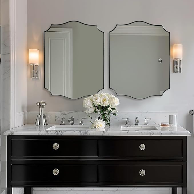 ANDY STAR Scalloped Mirror 28x36 Inch Chrome Rectangle Mirror, Modern Bathroom Mirror for Over Sink, Rust-Proof Stainless Steel 1" Frame, Unique Wave Inspired Style
