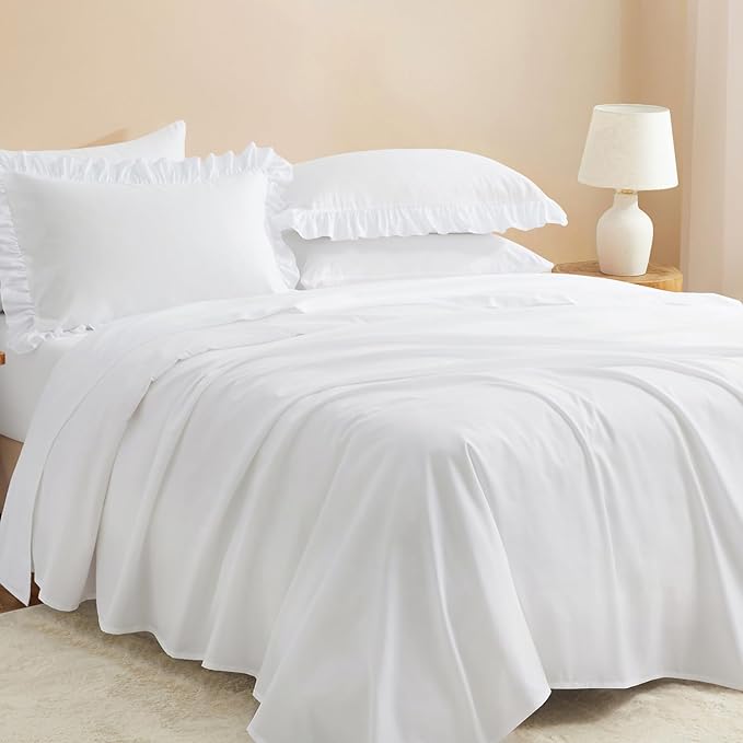 Horbaunal White Ruffle Sheets Queen Size 6 Piece, Fits 16" Deep Mattress, Microfiber White Queen Sheets with 2 Ruffled Pillowcases, Shabby Chic Bed Sheet Set