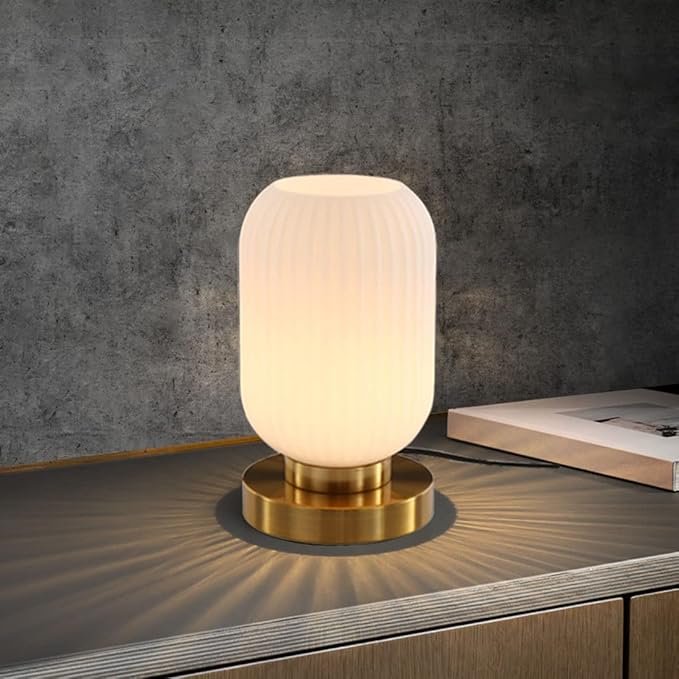 Modern Glass Table Lamp with Ribbed Shade, White, 10.6 x 5.9 inches, E26, for Bedside Bedroom Living Room Office
