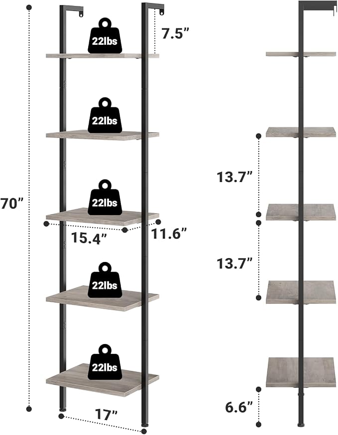 ELYKEN Ladder Shelf, 5-Tier Wood Wall Mounted Bookshelf with Metal Frame, Vintage Open Display Organizer Rack, Leaning Storage Shelves for Living Room, Bedroom, Home Office, Greige
