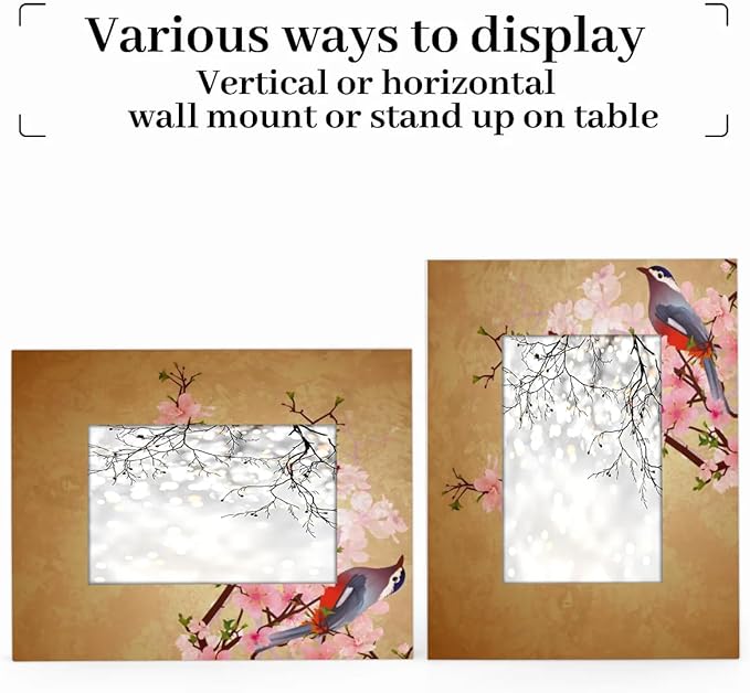 Retro Cherry Flower Birds 5x7 Picture Frame Wooden Photo Frames for Tabletop Display Wall Mounting Fits 5x7 Pictures Home Office Decor
