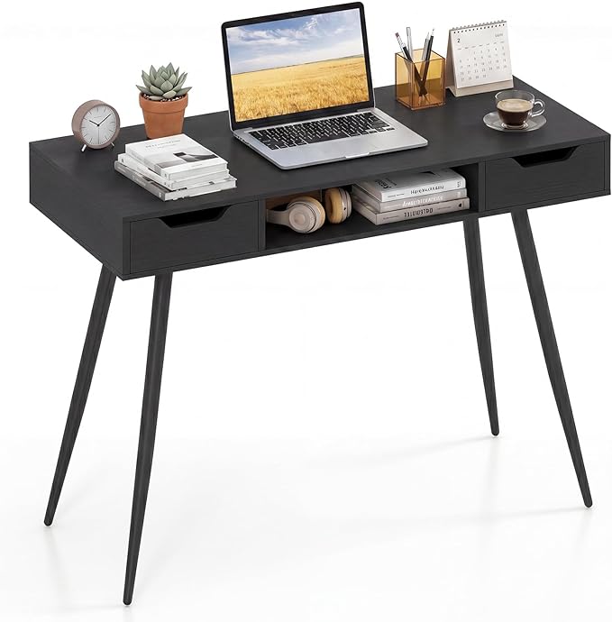 Giantex Mid Century Modern Computer Desk with Drawers, 42.5" Writing Desk with Open Storage Cubby, Vanity Table with Metal Leg, Compact Wooden Study Table for Small Spaces Home Office (Black)
