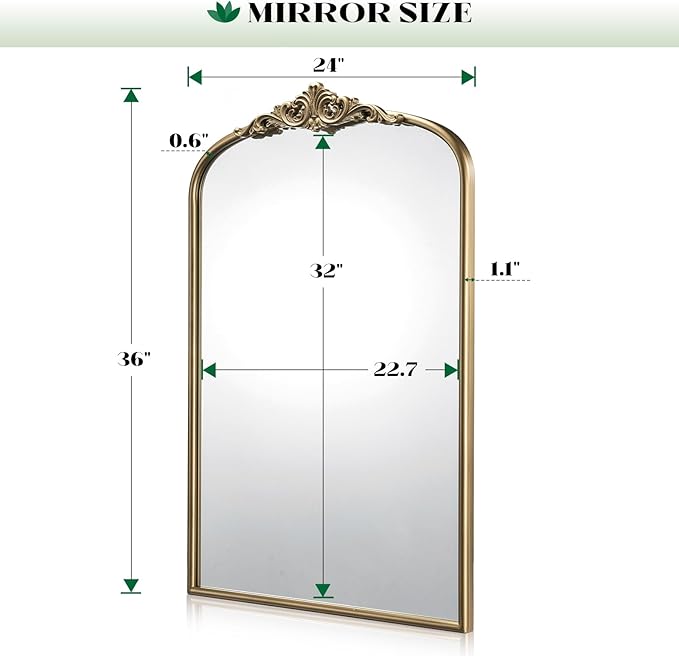 Vintage Arched Gold Wall Mirror, 24"x36" Antique Baroque Wall Mirrors, Ornate Arch Mirror for Bathroom Over Sink, Bedroom, Fireplace, Entryway, Living Room, Hanging or Leaning