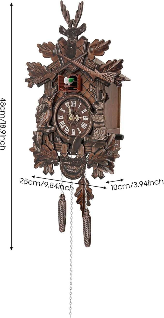 Cuckoo Clock, Retro Wooden Cuckoo Birdhouse Antique Wall Clock Forest Clock Home Decor Auto Swing with Singing Bird Vintage Chalet Design(No Battery) (Type A)