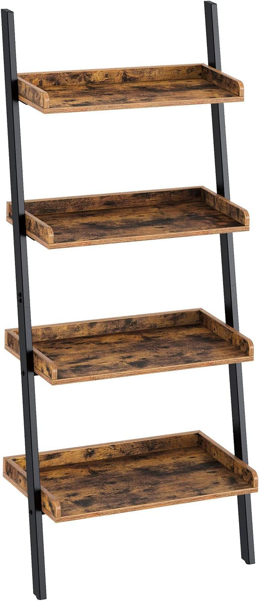 Rolanstar Bookshelf 4-Tier, Open Wall Mount Ladder Bookshelf, 71.8’’H Industrial Etagere Bookcase, Freestanding Bathroom Storage Rack Plant Stand for Living Room, Bedroom, Office, Rustic Brown