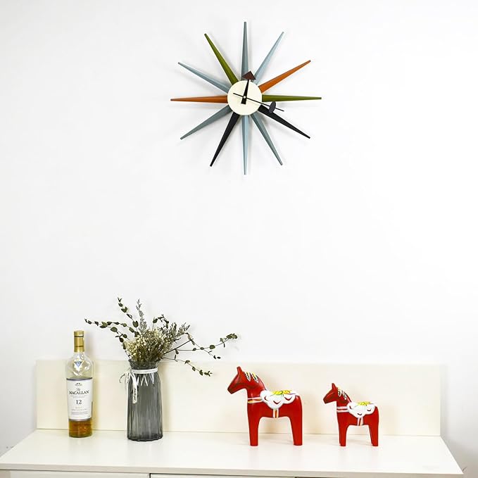 Mid Century Modern Wall Clock Large Silent Non Ticking 18 inch Solid Wood Retro Sunburst Clock for Living Room Decor,Office Kitchen