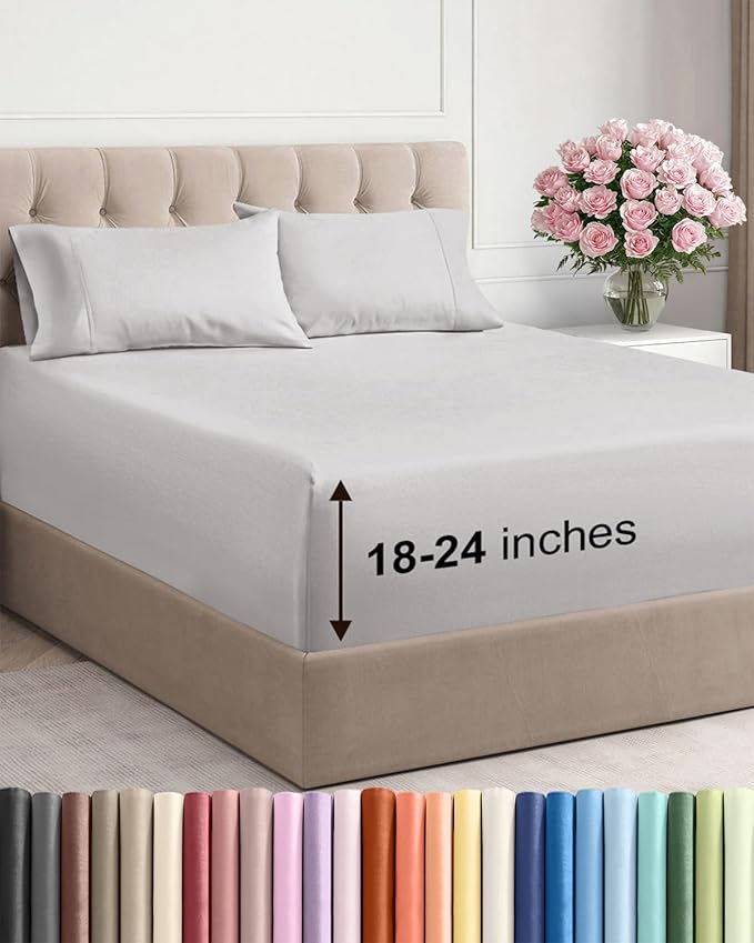 Extra Deep Twin Sheet Set - 4 Piece Breathable and Cooling Sheets - Hotel Luxury Bedding for Women, Men, Kids & Teens - Easy Secure Fit - Soft, Wrinkle Free & Comfy - Extra Deep Pockets - French Grey
