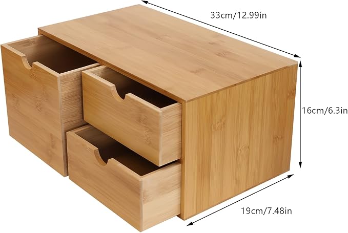 Bamboo Desk Organizer Small Retro Bamboo Tabletop Storage Box with Drawers& Recess Handles for Office Home Supplies Table Storage Collector 13 * 7.5 * 6in (3 Drawers/1 Left&2 Right)
