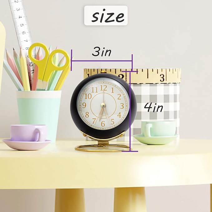 SHISEDECO Small Tableclocks Classic Non-Ticking Tabletop Alarm Clock with Backlight, Battery Operated Astronaut Deskclock with HD Glass for Living Room Bedroom Bedside Indoor Decor (Black Gold)