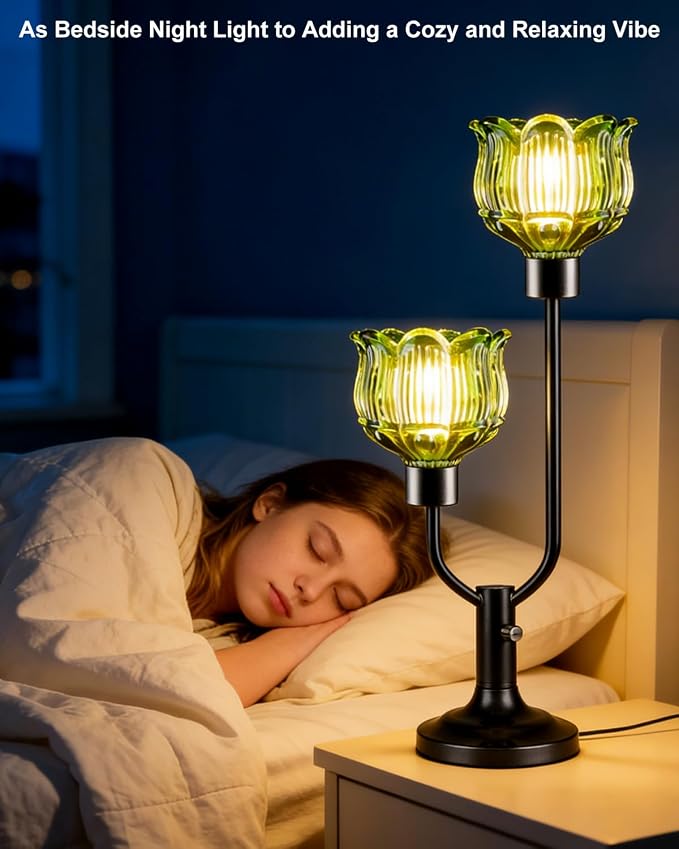Lightdot Vintage Green Glass Table Lamp for Bedroom Dimmable Mid Century Modern Desk Lamp Black Flower Nightstand Lamp 2 Bulbs Included Warmwhite Ambient Bedside Lamp for Living Room Home Office Decor