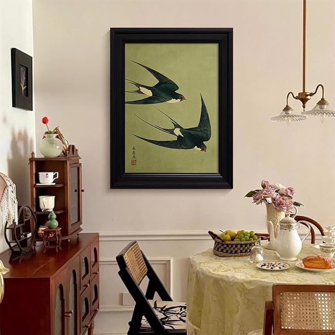 Vintage Framed Japanese Flying Swallow Wall Art Asian Japandi Bird Animal Poster Nature Vintage Green Canvas Prints for Living Room Bedroom Home Decor 24x36 inch