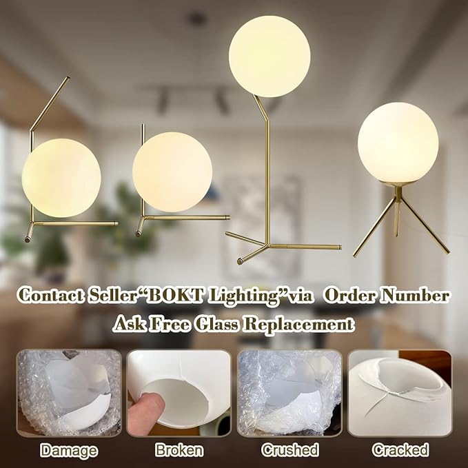 BOKT Modern 1-Light Glass Globe Table Lamp Contemporary Minimalist Tall Bedside Desk Nightstand Lamp Vintage Brush Gold Metal Table Light Frosted White Glass Ball Reading Lamp