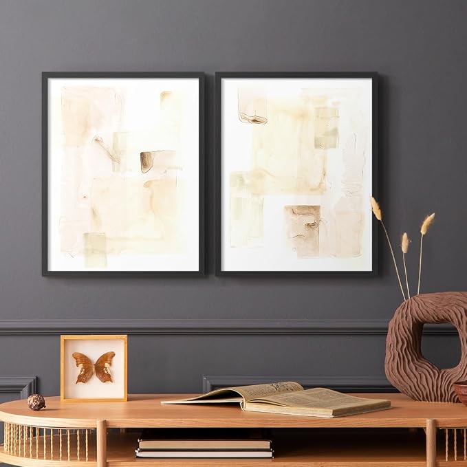 Renditions Gallery Set of 2 Peel & Stick Framed Prints, Abstract Wall Art, Mixed Handmade Oil Painting Wall Decor, Re-Stickable - Ready to Hang - 8"x10" - Black Frame LT588