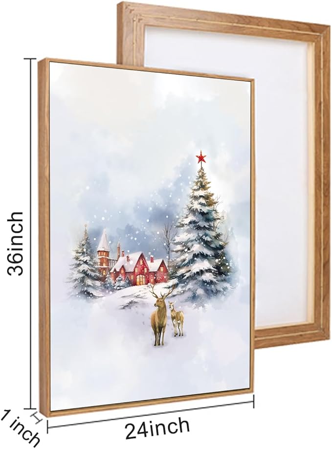 HPINUB Christmas Santa Reindeer Framed Canvas Wall Art Set Sleigh Deer Winter Snow Forest Tree Wall Decor Wonderland Art Print for Living Room,Bedroom,Party-24 x36 x3