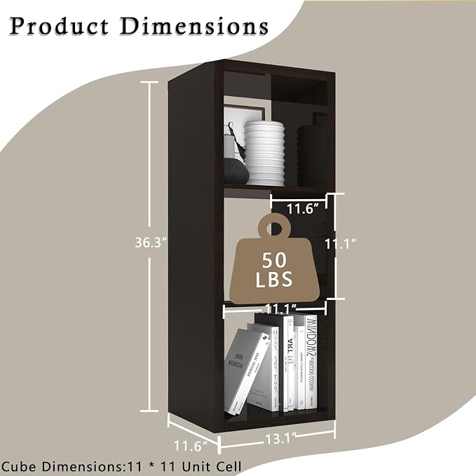 Endearing Limons【2026 Wooden Thick Border 3 Cube Shelf Storage Organizer with Anti-Tipping Kits + Reversible Open Back Bookcase (11 x 11 Unit Cell Chocolate)
