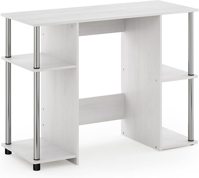 Furinno JAYA Desk, 38.4" Wide Gaming Desk, Computer Study Desk, Office Desk with Side Shelves, Open Storage, for Home Office, Bedroom, Dorm, Study Room, White Oak/Stainless Steel