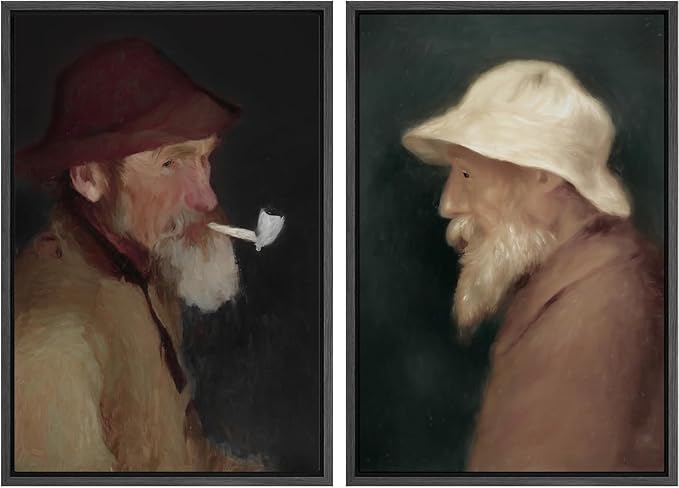 IDEA4WALL Framed Canvas Print Wall Art Set Vintage Old Fishermen Portrait Rustic Illustrations Modern Art Decorative Bohemian Calm/Zen for Living Room, Bedroom, Office - 24"x36"x2 Black