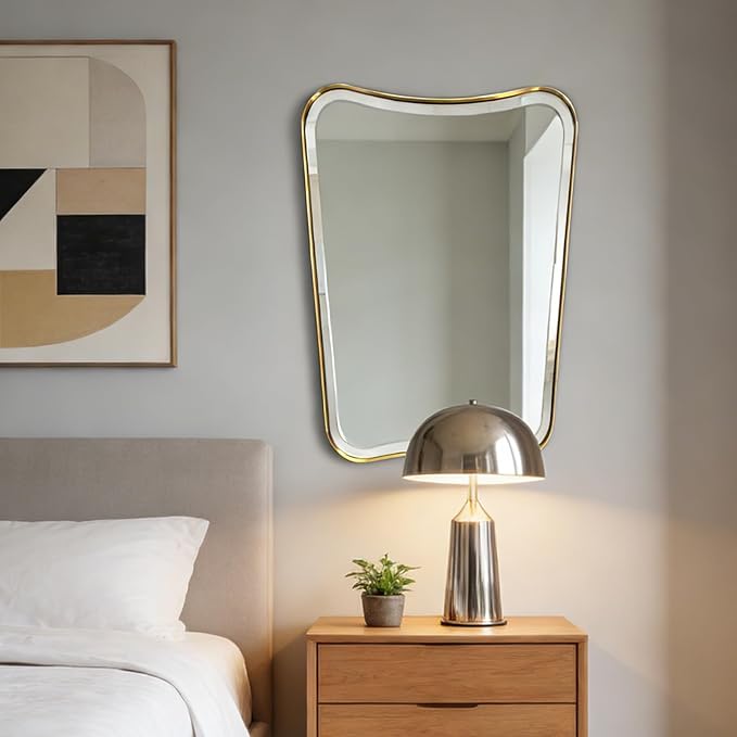 POZINO Bathroom Vanity Mirror, 22"x30" Brushed Gold Beveled Mirror in Premium Stainless Steel Frame, Antique Brass Irregular Shaped Mirrors for Living Room Bathroom Bedroom Hallway Entryway