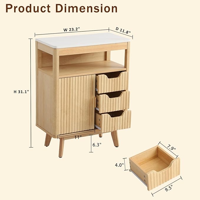 Fluted Floor Bathroom Cabinet with Sliding Door, Modern 3 Drawers Storage Organizer with Adjustable Shelf, Mid Century Bathroom Cabinet with Curved Edge for Bathroom Dining Room (Natural Oak)
