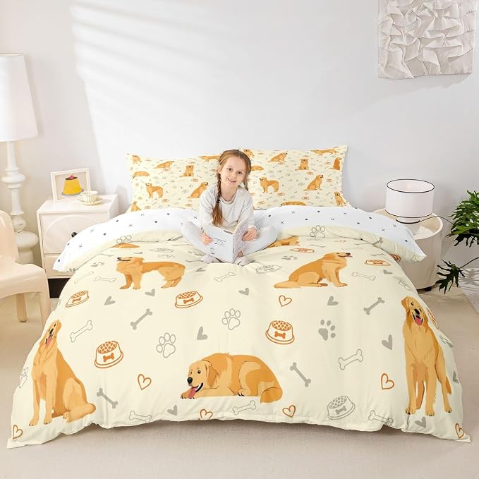 Erosebridal Cute Golden Retriever Bedding Set Queen Lovely Dog Duvet Cover Pet Dog Lover Comforter Cover for Kids Girls Boys Adults Paw Print Aesthetic Bed Set